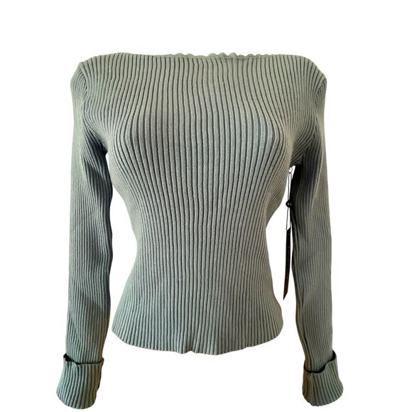 Emerson Lang- Blue Ribbed Knit Sweater Lace Neck Edge Size Small NWT - Picture 1 of 9